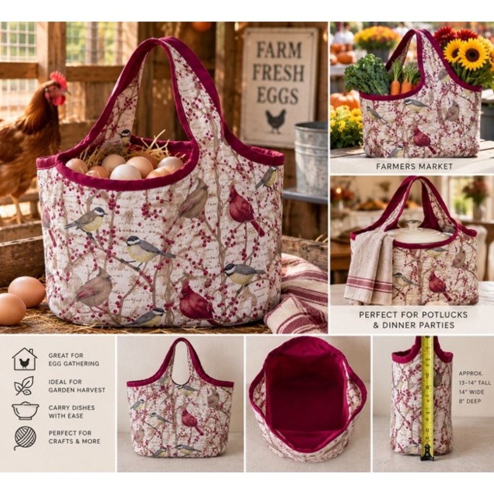 Handmade Farmhouse FabricGathering Tote Bag Cardinal Egg Garden Harvest Carrier